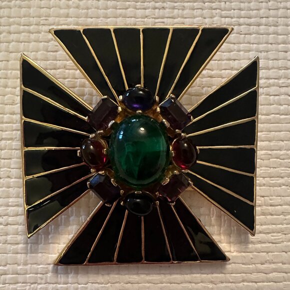 Rare Vintage Signed Ciner Jewels of India Black Enamel Cross w/ Cabachons & Gold - Picture 1 of 4